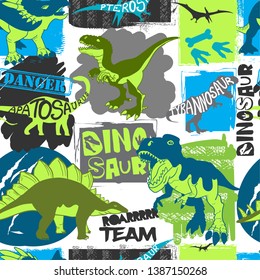 Seamless  Dino pattern, print for T-shirts, textiles, wrapping paper, web. Original design with t-rex,dinosaur.  grunge design for boys . 