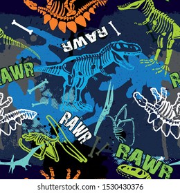 Seamless  Dino pattern, print for T-shirts, textiles, wrapping paper, web. Original design with t-rex,dinosaur.  grunge design for boys . 