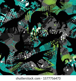 Seamless Dino pattern, print for T-shirts, textiles, wrapping paper, web. Original design with t-rex,dinosaur. grunge design for boys .