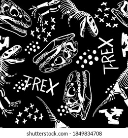 Seamless  Dino Pattern, Print For T-shirts, Textiles, Wrapping Paper, Web. Original Design With T-rex,dinosaur Skeleton.  Grunge Design For Boys . 