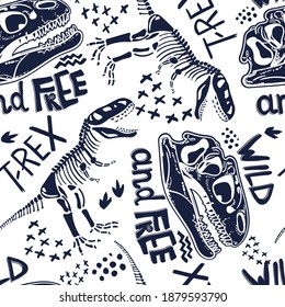 Seamless   Dino pattern, print for T-shirts, textiles, wrapping paper, web. Original design with t-rex, dinosaur.  grunge design for boys and girls