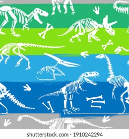 Seamless  Dino Pattern, Print For T-shirts, Textiles, Wrapping Paper, Web. Original Design With T-rex,dinosaur Skeleton.  Grunge Design For Boys . 