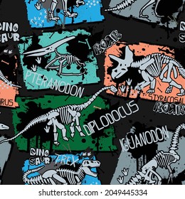 Seamless  Dino pattern, print for T-shirts, textiles, wrapping paper, web. Original design with t-rex,dinosaur skeleton.  grunge design for boys . 