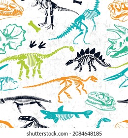 Seamless  Dino pattern, print for T-shirts, textiles, wrapping paper, web. Original design with t-rex,dinosaur skeleton.  grunge design for boys . 