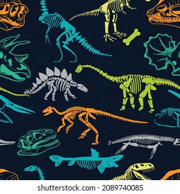 Seamless  Dino Pattern, Print For T-shirts, Textiles, Wrapping Paper, Web. Original Design With T-rex,dinosaur Skeleton.  Grunge Design For Boys . 