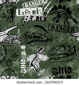 Seamless  Dino pattern, print for T-shirts, textiles, wrapping paper, web. Original design with t-rex,dinosaur skeleton.  grunge design for boys . 