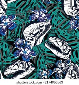 Seamless  Dino pattern, print for T-shirts, textiles, wrapping paper, web. Original design with t-rex,dinosaur skeleton.  grunge design for boys . 