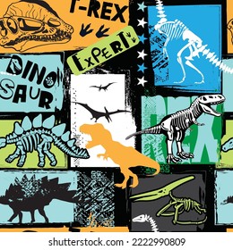 Seamless  Dino pattern, print for T-shirts, textiles, wrapping paper, web. Original design with t-rex,dinosaur.  grunge design for boys . 