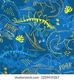 Seamless  Dino pattern, print for T-shirts, textiles, wrapping paper, web. Original design with t-rex,dinosaur .  grunge design for boys . 