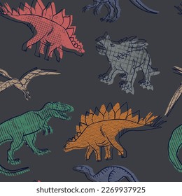 Seamless  Dino pattern, print for T-shirts, textiles, wrapping paper, web. Original design with t-rex,dinosaur .  grunge design for boys . 