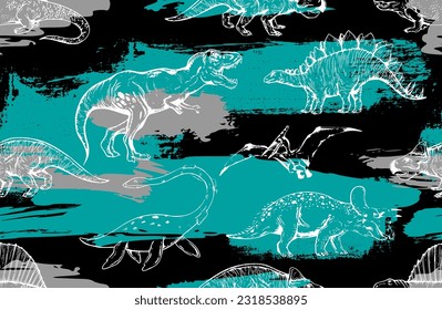 Seamless Dino pattern, print for T-shirts, textiles, wrapping paper, web. Original design with t-rex,dinosaur. grunge design for boys .