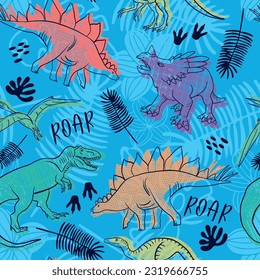 Seamless  Dino pattern, print for T-shirts, textiles, wrapping paper, web. Original design with t-rex,dinosaur.  grunge design for boys . 