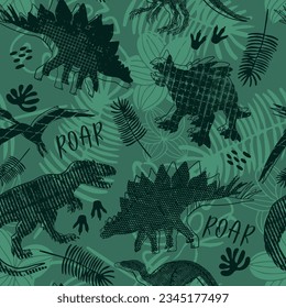 Seamless  Dino pattern, print for T-shirts, textiles, wrapping paper, web. Original design with t-rex,dinosaur .  grunge design for boys . 