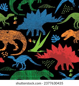 Patrón de Dino sin soldadura, impreso para camisetas, textiles, papel de envoltura, web. Diseño original con t-rex, dinosaurio.  diseño granulado para los niños. 