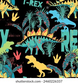 Seamless  Dino pattern, print for T-shirts, textiles, wrapping paper, web. Original design with t-rex,dinosaur.  grunge design for boys . 