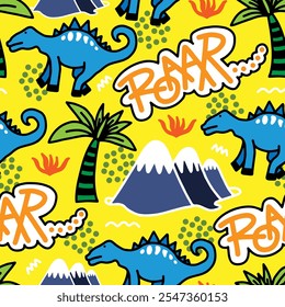 Seamless Dino pattern, print for T-shirts, textiles, wrapping paper, web. Original design with t-rex, hill and palm tree.