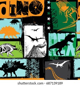 Seamless  Dino pattern, print for T-shirts, textiles, wrapping paper, web. Original design with t-rex,dinosaur.  grunge design for boys . 