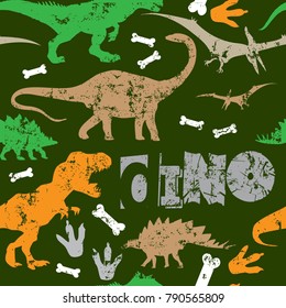 Seamless  Dino pattern, print for T-shirts, textiles, wrapping paper, web. Original design with t-rex, dinosaur.  grunge design for boys 