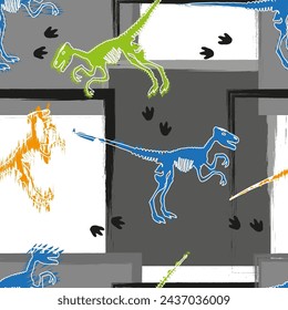 seamless dino pattern with squares and dinosaur tracks