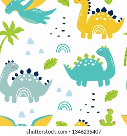 Seamless Dino pattern. Vector illustration for printing on fabric, wrapping paper, postcard. Cute baby background.