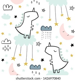 Seamless dinosaur cute pattern for kids, children. Clouds, moon, stars background. Scandinavian style for fabric, wallpaper, clothes, dinosaur swaddles, apparel, planner, sticker