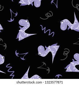 Seamless dinosaur pattern. Animal black background with purple dino. Vector illustration.