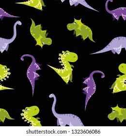 Seamless dinosaur pattern. Animal black background with colorful dino. Vector illustration.