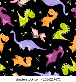 Seamless dinosaur pattern. Animal black background with colorful dino. Vector illustration.