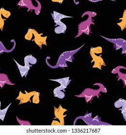 Seamless dinosaur pattern. Animal black background with colorful dino. Vector illustration.