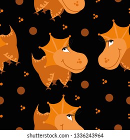 Seamless dinosaur pattern. Animal black background with orange dino. Vector illustration.