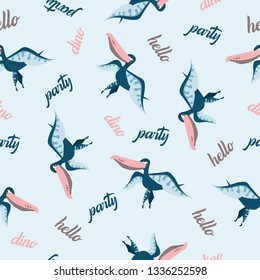 Seamless dinosaur pattern. Animal blue background with fly blue dino. Vector illustration.