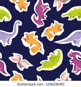 Seamless dinosaur pattern. Animal dark blue background with colorful dino. Vector illustration.