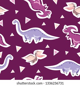 Seamless dinosaur pattern. Animal dark pink background with colorful dino. Vector illustration.