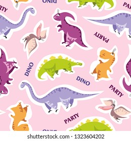 Seamless dinosaur pattern. Animal pink background with colorful dino. Vector illustration.