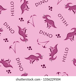 Seamless dinosaur pattern. Animal pink background with dark pink dino. Vector illustration.