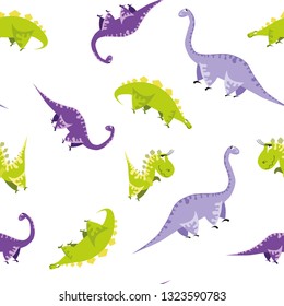 Seamless dinosaur pattern. Animal white background with colorful dino. Vector illustration.