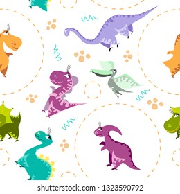 Patrón de dinosaurio sin fisuras. Fondo blanco animal con dino colorido. Ilustración vectorial.