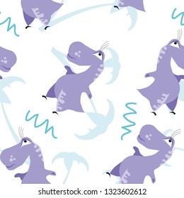 Seamless dinosaur pattern. Animal white background with violet dino. Vector illustration.