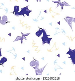 Seamless dinosaur pattern. Animal white background with violet dino. Vector illustration.