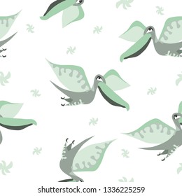 Seamless dinosaur pattern. Animal white background with green dino. Vector illustration.