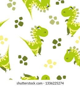 Seamless dinosaur pattern. Animal white background with green dino. Vector illustration.