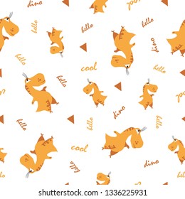 Seamless dinosaur pattern. Animal white background with orange dino. Vector illustration.