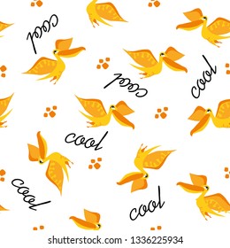Seamless dinosaur pattern. Animal white background with orange dino. Vector illustration.