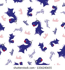 Seamless dinosaur pattern. Animal white background with dark blue dino. Vector illustration.