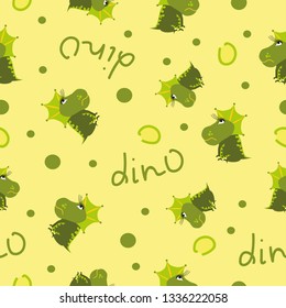 Seamless dinosaur pattern. Animal yellow background with green dino. Vector illustration.