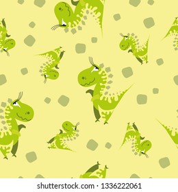 Seamless dinosaur pattern. Animal yellow background with green dino. Vector illustration.