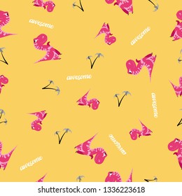 Seamless dinosaur pattern. Animal yellow background with pink dino. Vector illustration.