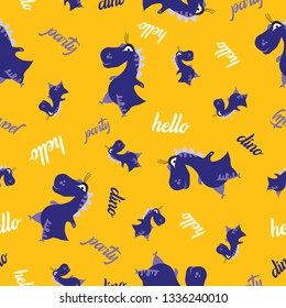 Seamless dinosaur pattern. Animal yellow background with dark blue dino. Vector illustration.