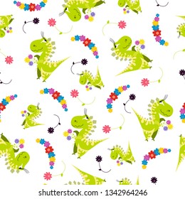 Seamless dinosaur pattern with flower. Animal white background with green dino. Vector illustration.