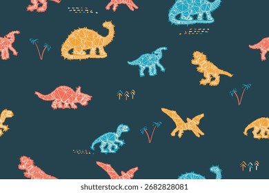 Seamless Dinosaur Pattern in Geometric Wireframe Style